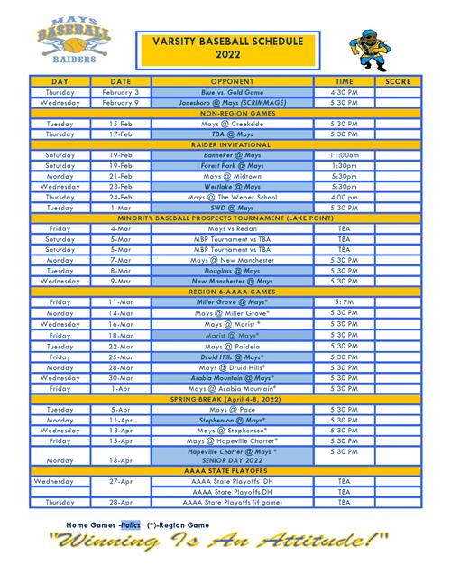 VARSITY BASEBALL SCHEDULE 2022